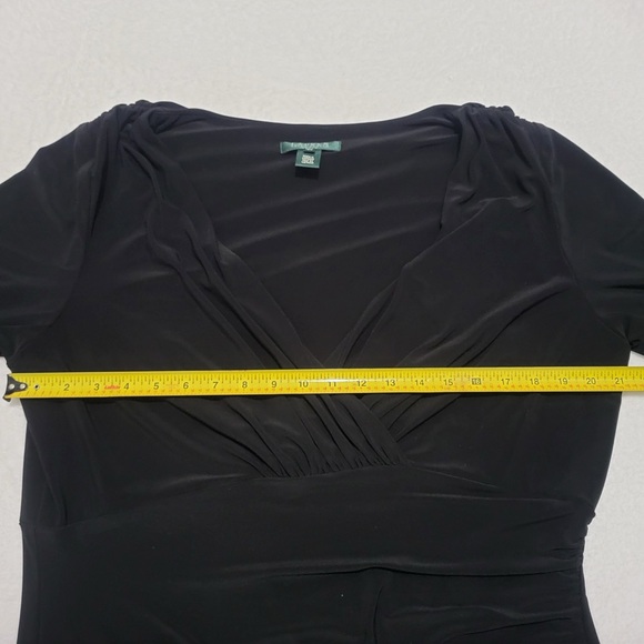 LAUREN Ralph Lauren Black Ruched Jersey Sheath Dress Size 16W VNeck  3/4 Sleeve - Picture 7 of 8